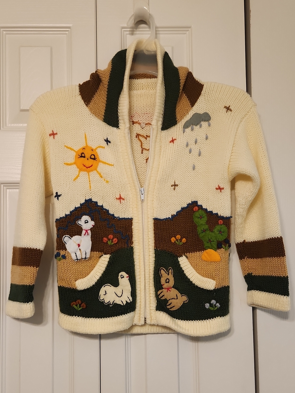 Desert Southwest Detailed Hand Made Stitched Crochet Embroidered Zip-Up Sweater